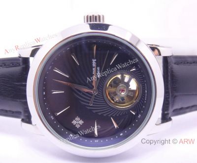 Tourbillon Patek Philippe Replica Watches Buy Online - Black Face Black Leather Band
